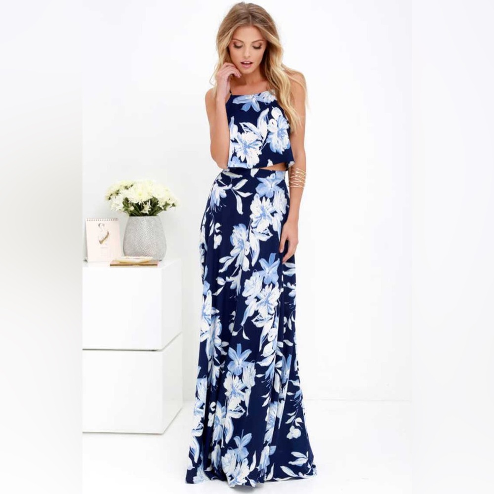 Lulus : Love for Lanai Navy Blue Floral Print Two-Piece Maxi Dress